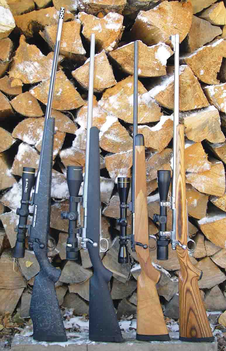 Test rifles included a (1) Weatherby Mark V Accu-mark 6.5-300 Weatherby Magnum, (2) Montana Rifle X3 6.5 PRC, (3) Kimber 84L .280 Ackley Improved and (4) a Ruger M77 Mark II All-Weather .300 Winchester Magnum.